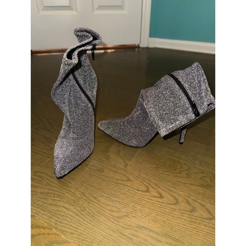 Vicky Silver Glitter Ankle Boots Pointed Toe Stiletto Heel Metallic Booties 10